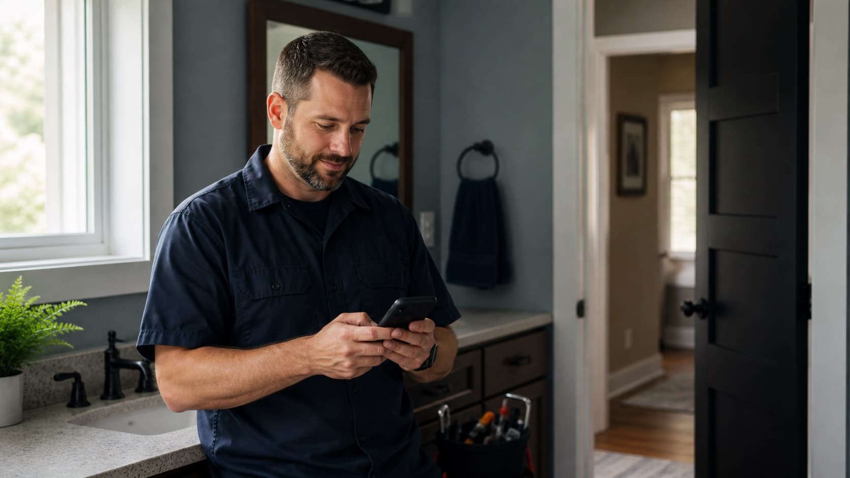 Local service-business owner sending a customer follow-up message after finishing a job