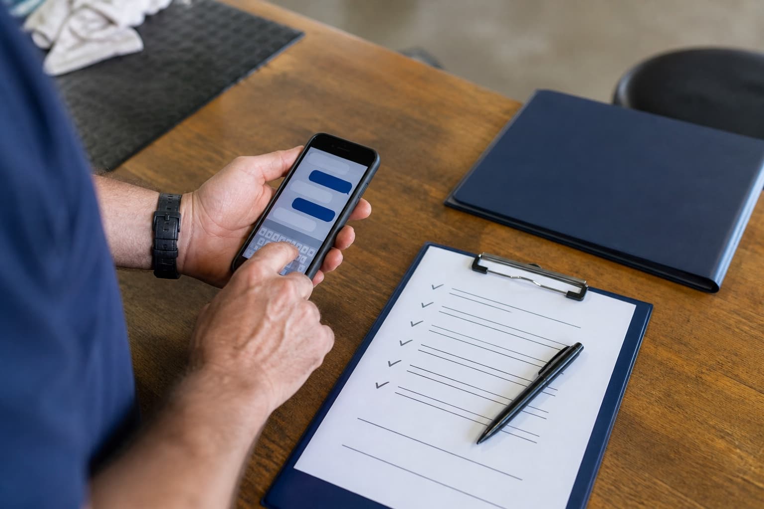Business owner using a phone beside a completed-job checklist