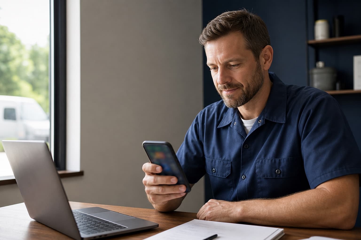 Local service-business owner reviewing business information on a phone