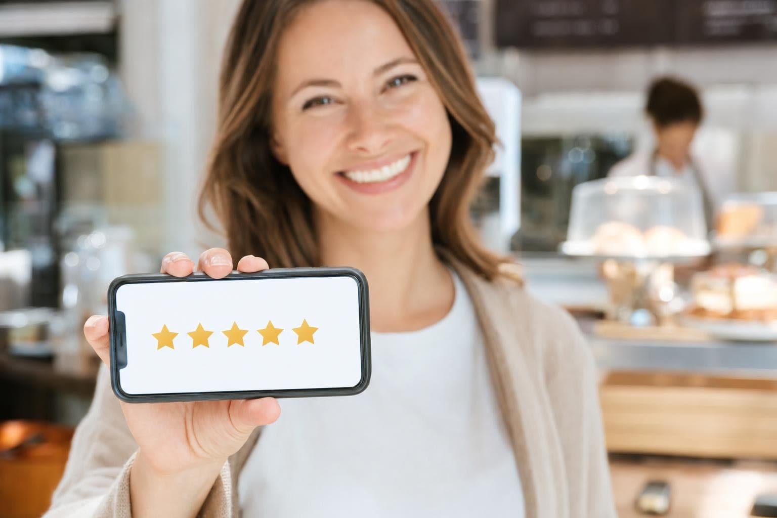 Five-star customer reviews on a phone screen