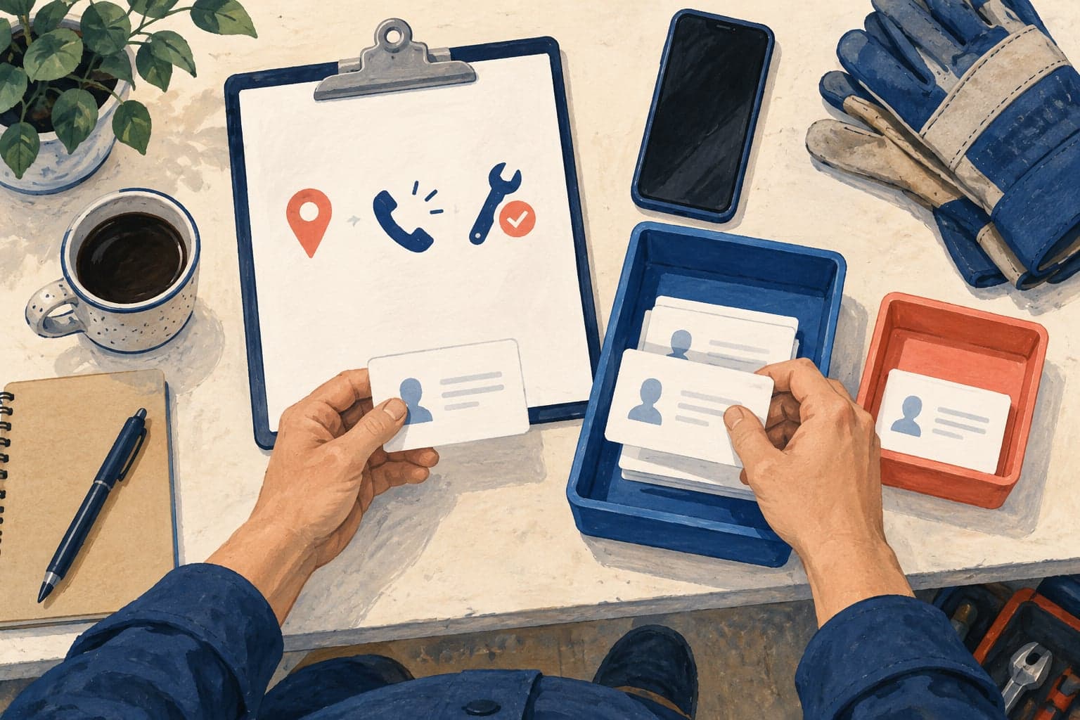 Illustration of inquiry cards being sorted beside service-area, phone, and completed-job symbols on a contractor's desk