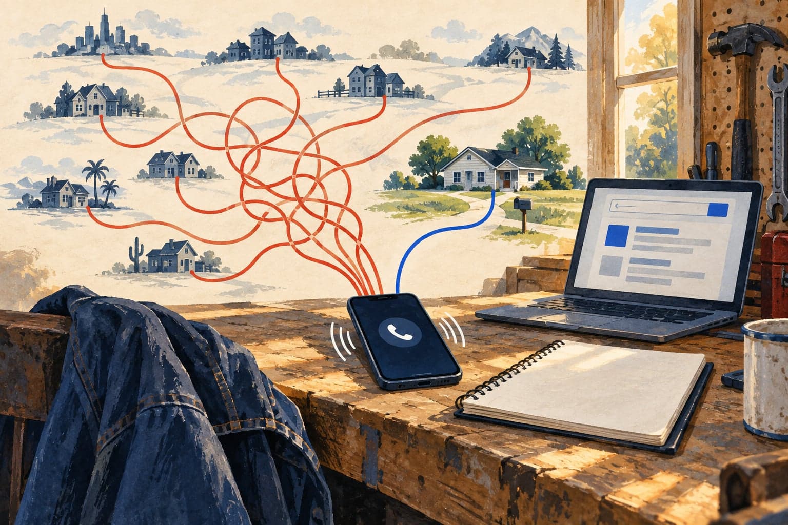 Illustration of a contractor's phone receiving tangled calls from distant houses and one clear connection to a nearby home